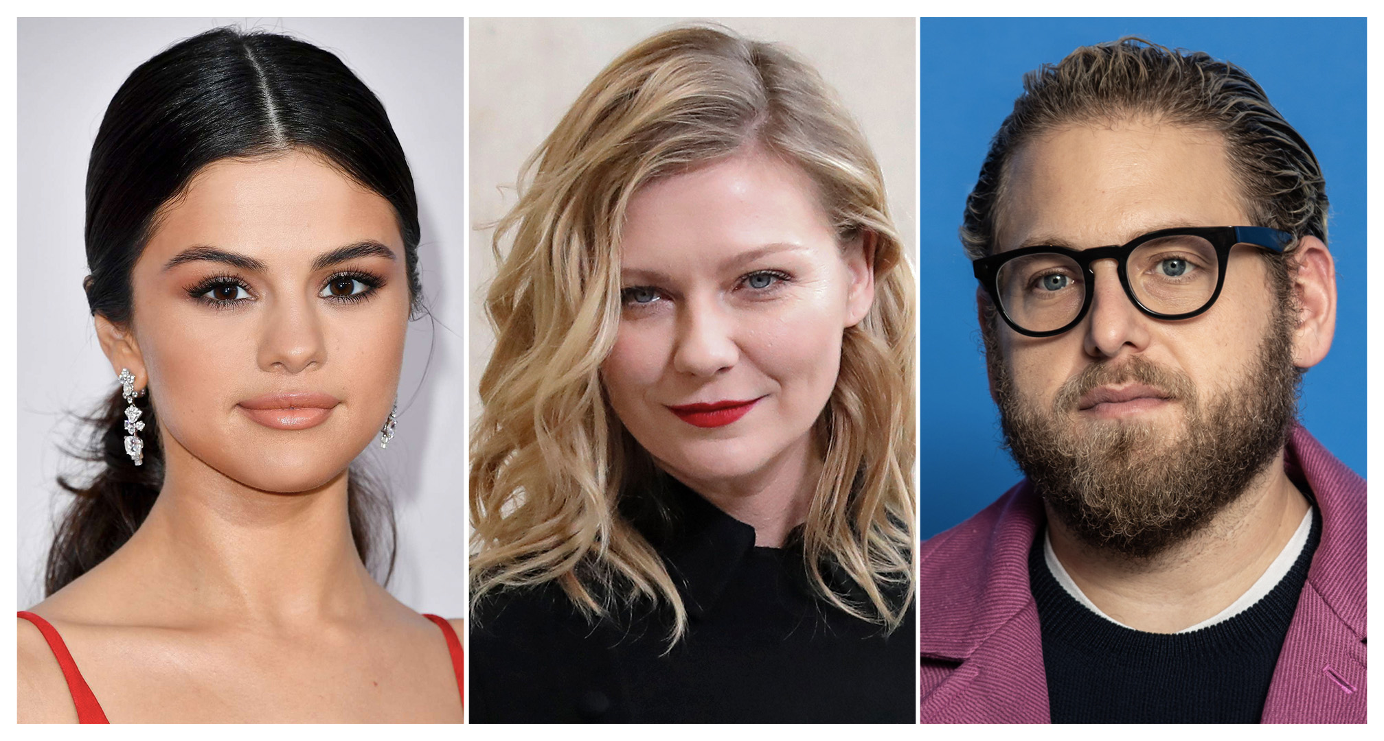 Koláž Seleny Gomez, Kirsten Dunst, a Jonaha Hilla