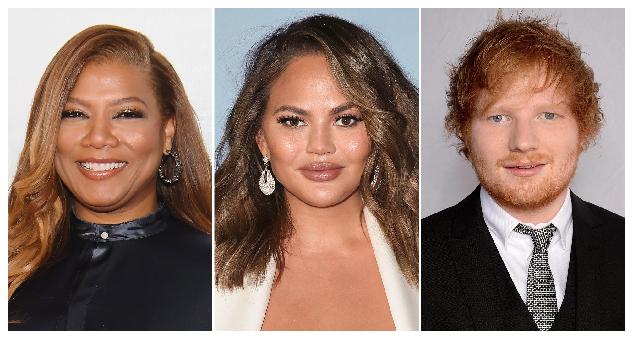 koláž queen latifah, chrissy teigen a ed sheeran.